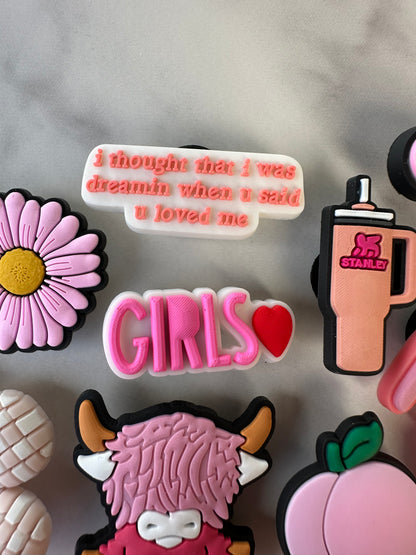 Cute Pink Croc compatible Charms - Heart, Purse, Flower, Cow & More