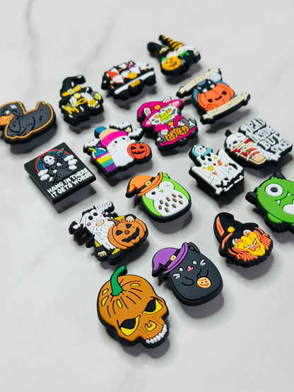 Halloween themed shoe charms for Crocs, Croc compatible diy fall shoe decor, ghosts, pumpkins, skulls, and more
