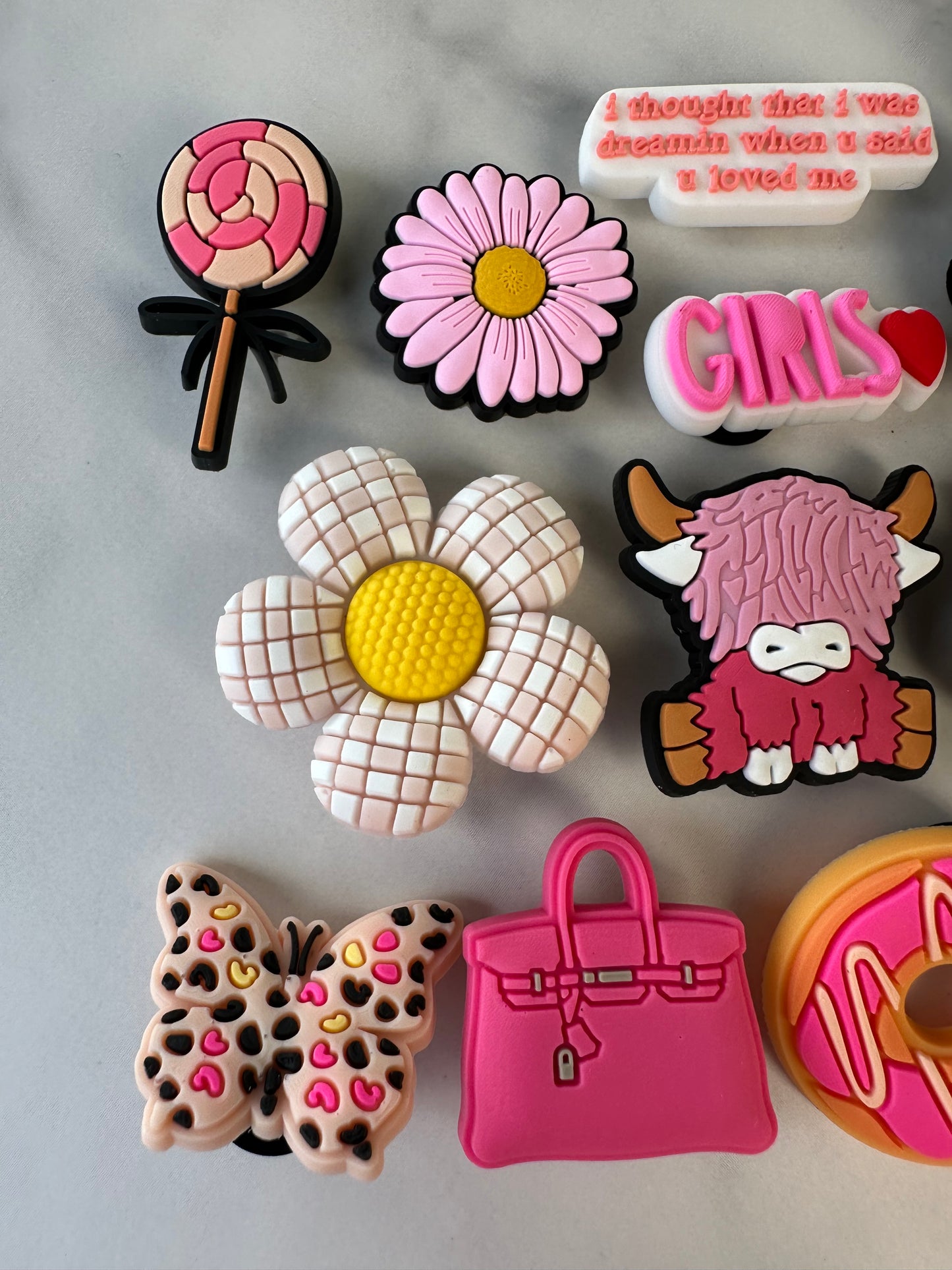 Cute Pink Croc compatible Charms - Heart, Purse, Flower, Cow & More