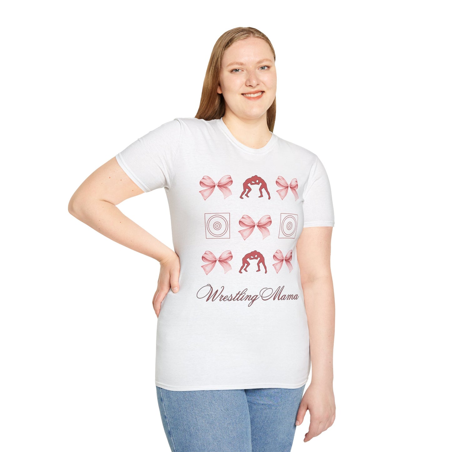 Women's wrestling mama Graphic T-Shirt with Pink Bow Print