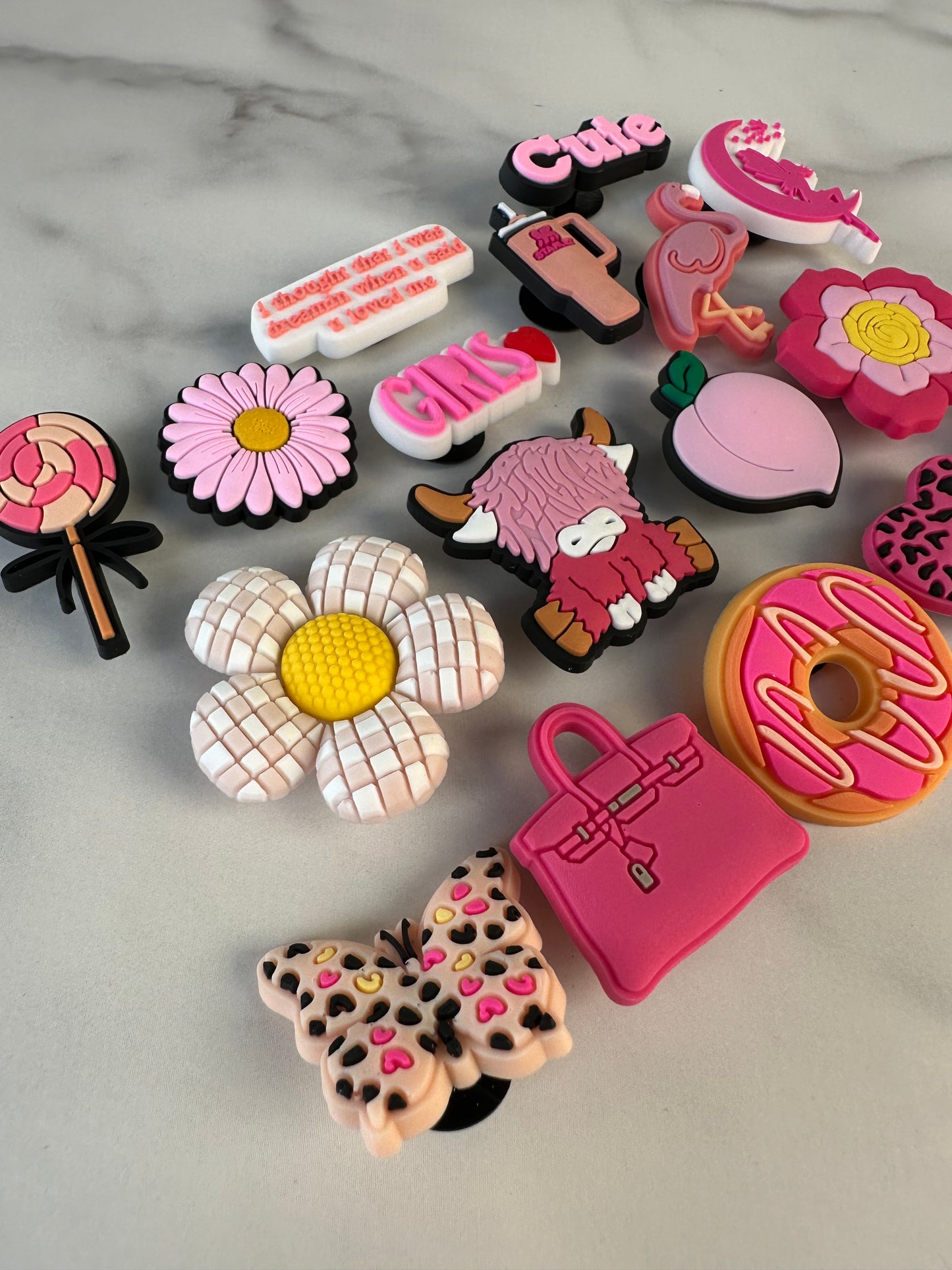 Cute Pink Croc compatible Charms - Heart, Purse, Flower, Cow & More