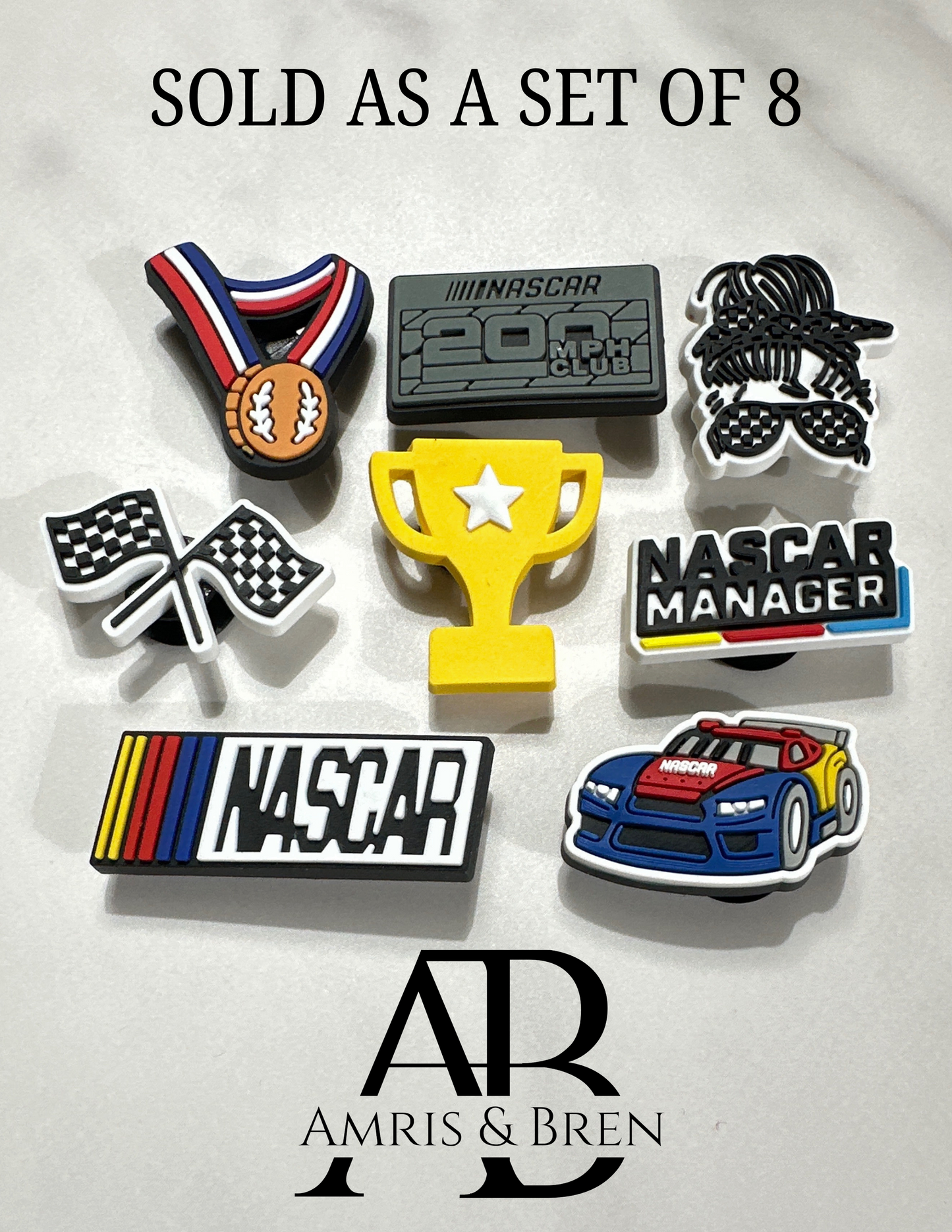 SET OF 8 Nascar themed Croc compatible shoe charms