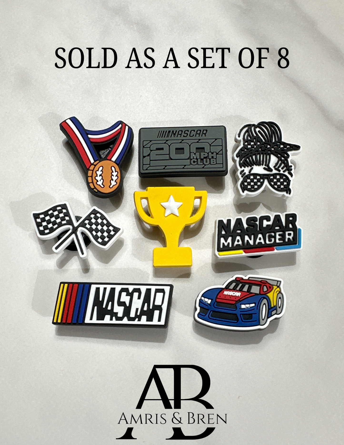 SET OF 8 Nascar themed Croc compatible shoe charms