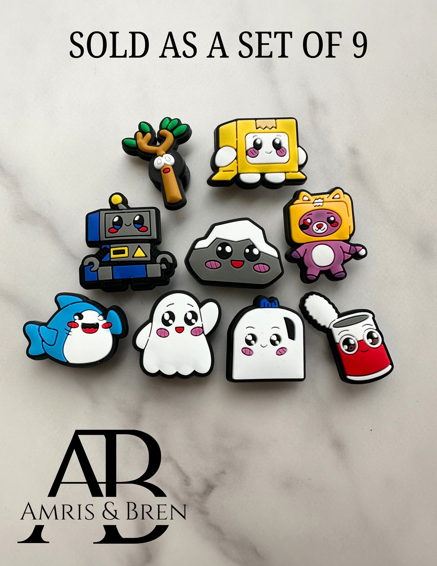 set of 9 Lanky Box themed Croc compatible shoe charms