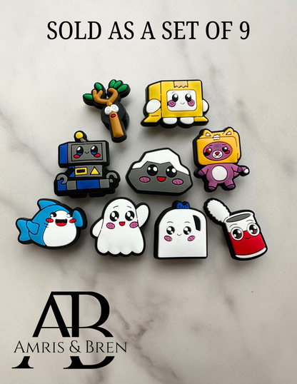 set of 9 Lanky Box themed Croc compatible shoe charms