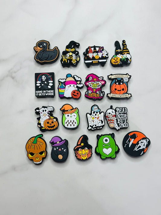 Halloween themed shoe charms for Crocs, Croc compatible diy fall shoe decor, ghosts, pumpkins, skulls, and more
