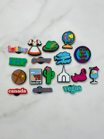 Travel-Themed Croc-Compatible Charms – Individually Sold Waterproof Designs (Germany, Arizona, Canada, Vegas & More)