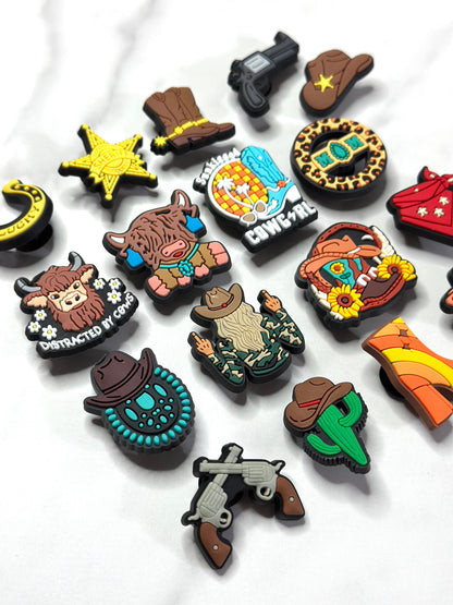Western cowgirl themed shoe charms, Cowboy Croc compatible charms, cow shoe charms for Crocs