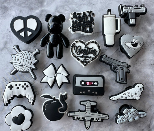 Black and white charms for Crocs, Croc compatible shoe charms, Heart charm, Bow charm