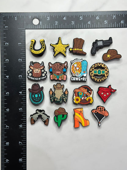 Western cowgirl themed shoe charms, Cowboy Croc compatible charms, cow shoe charms for Crocs