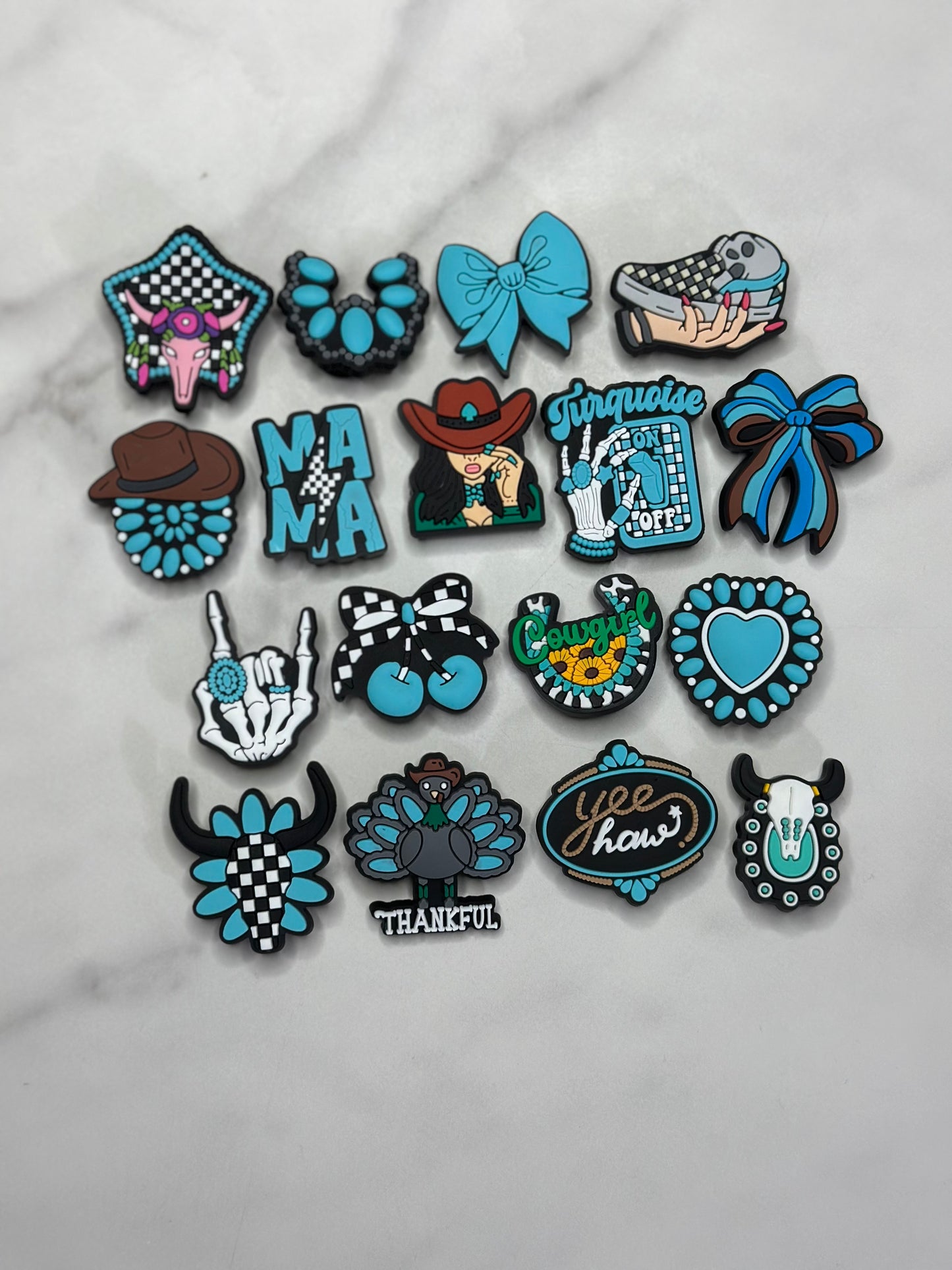 western checkered Turquoise shoe charms, Croc compatible charms, Rubber charms for Crocs