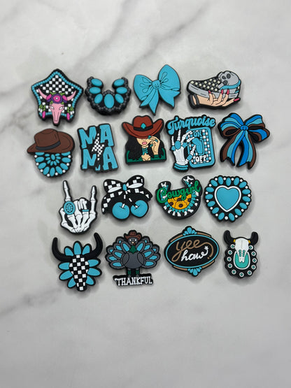 western checkered Turquoise shoe charms, Croc compatible charms, Rubber charms for Crocs