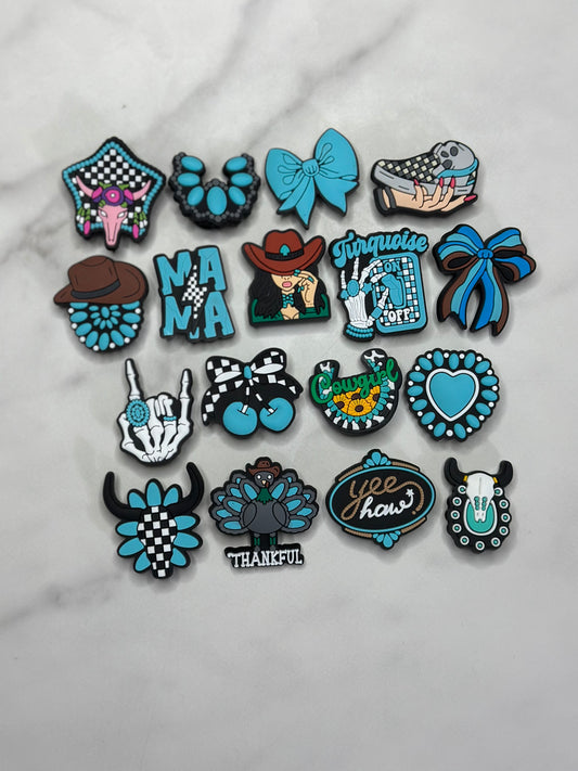 western checkered Turquoise shoe charms, Croc compatible charms, Rubber charms for Crocs