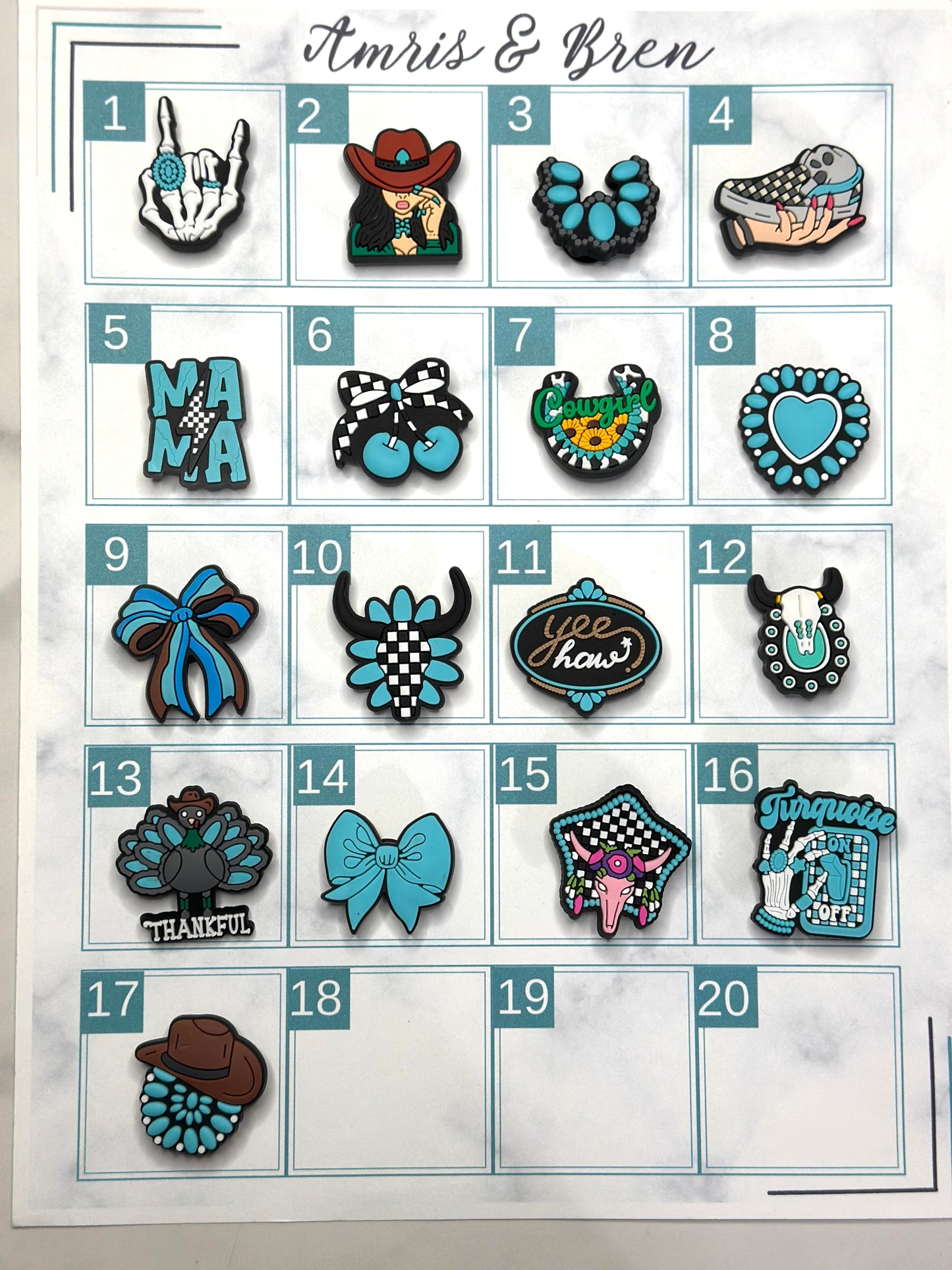 western checkered Turquoise shoe charms, Croc compatible charms, Rubber charms for Crocs