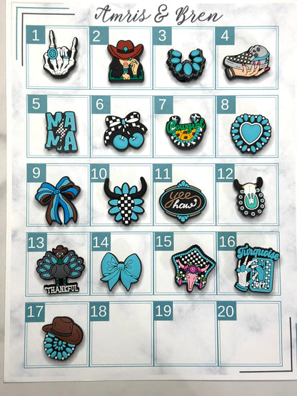 western checkered Turquoise shoe charms, Croc compatible charms, Rubber charms for Crocs