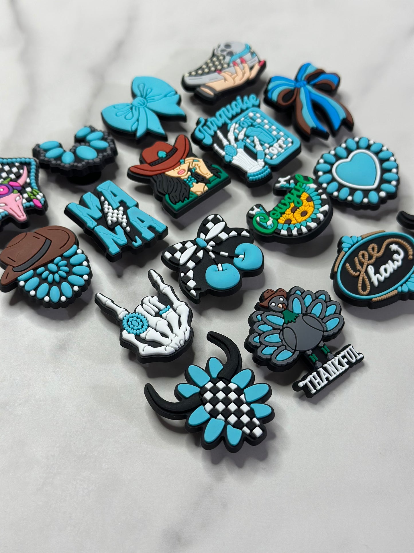 western checkered Turquoise shoe charms, Croc compatible charms, Rubber charms for Crocs