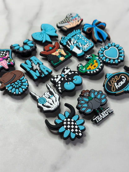 western checkered Turquoise shoe charms, Croc compatible charms, Rubber charms for Crocs