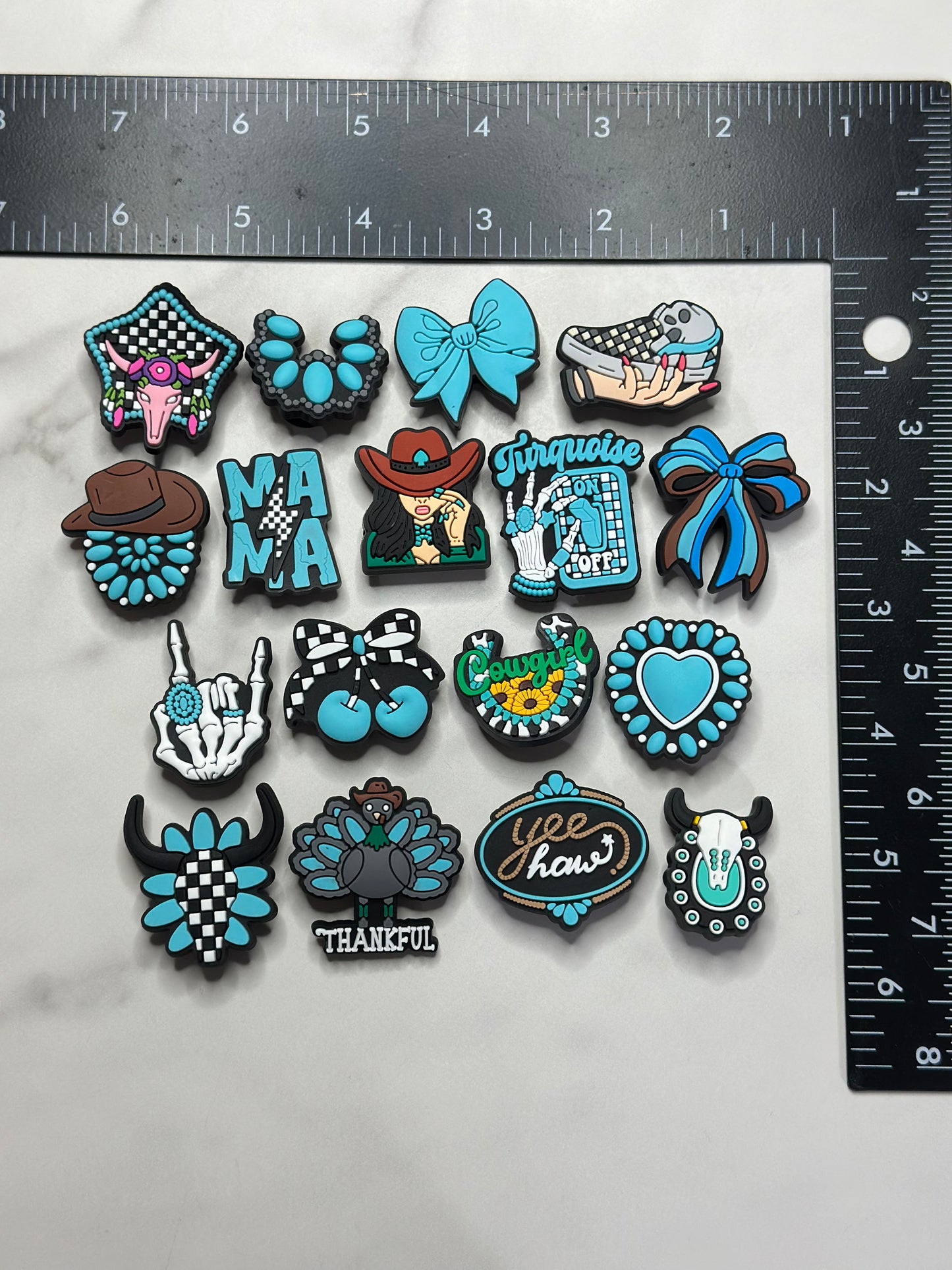 western checkered Turquoise shoe charms, Croc compatible charms, Rubber charms for Crocs