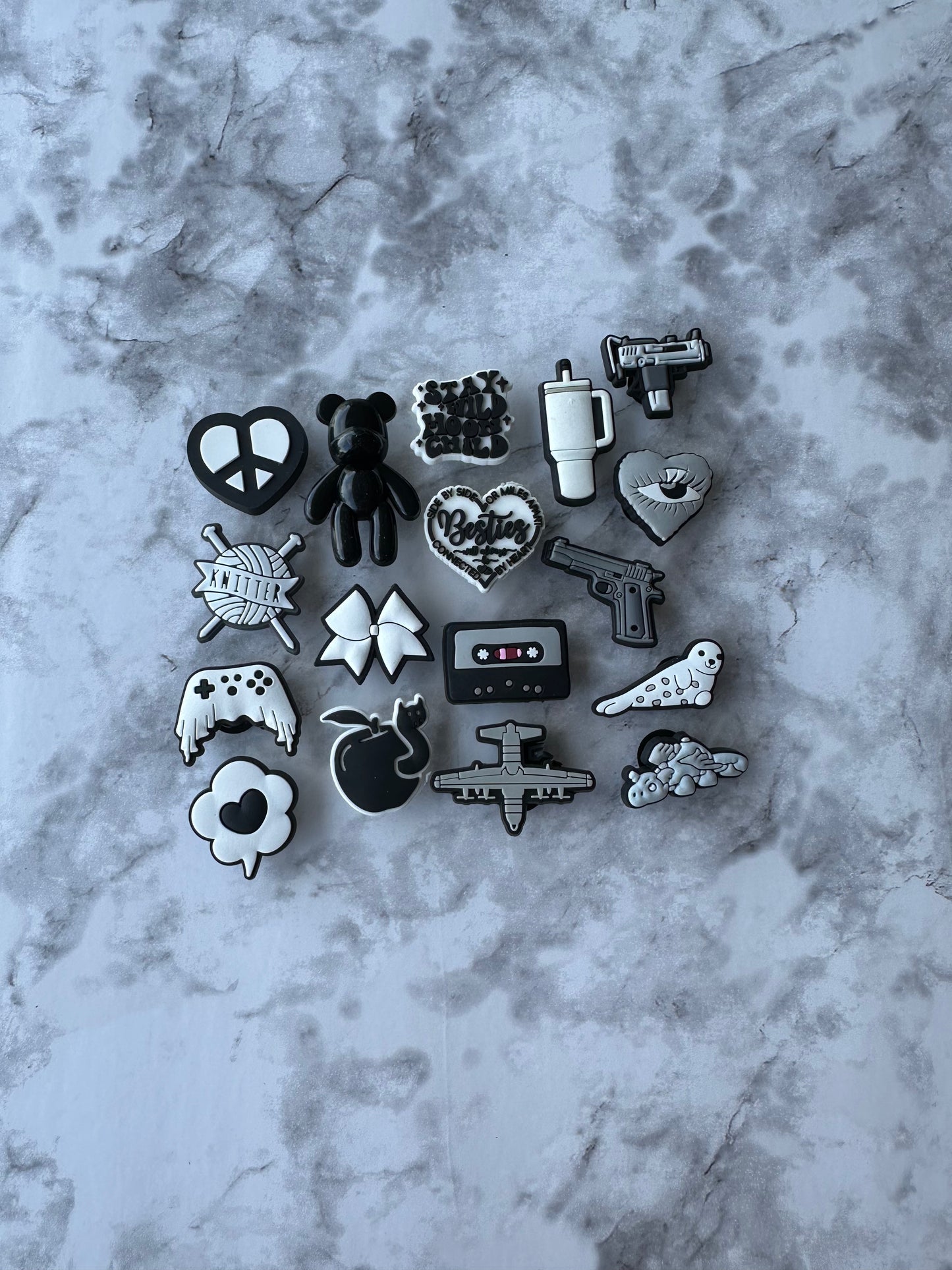 Black and white charms for Crocs, Croc compatible shoe charms, Heart charm, Bow charm