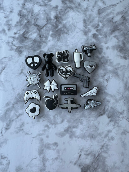 Black and white charms for Crocs, Croc compatible shoe charms, Heart charm, Bow charm