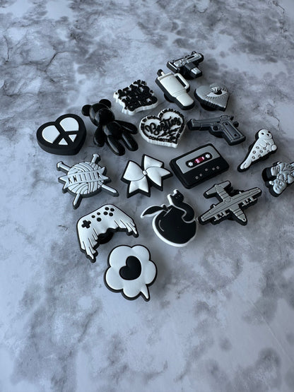 Black and white charms for Crocs, Croc compatible shoe charms, Heart charm, Bow charm