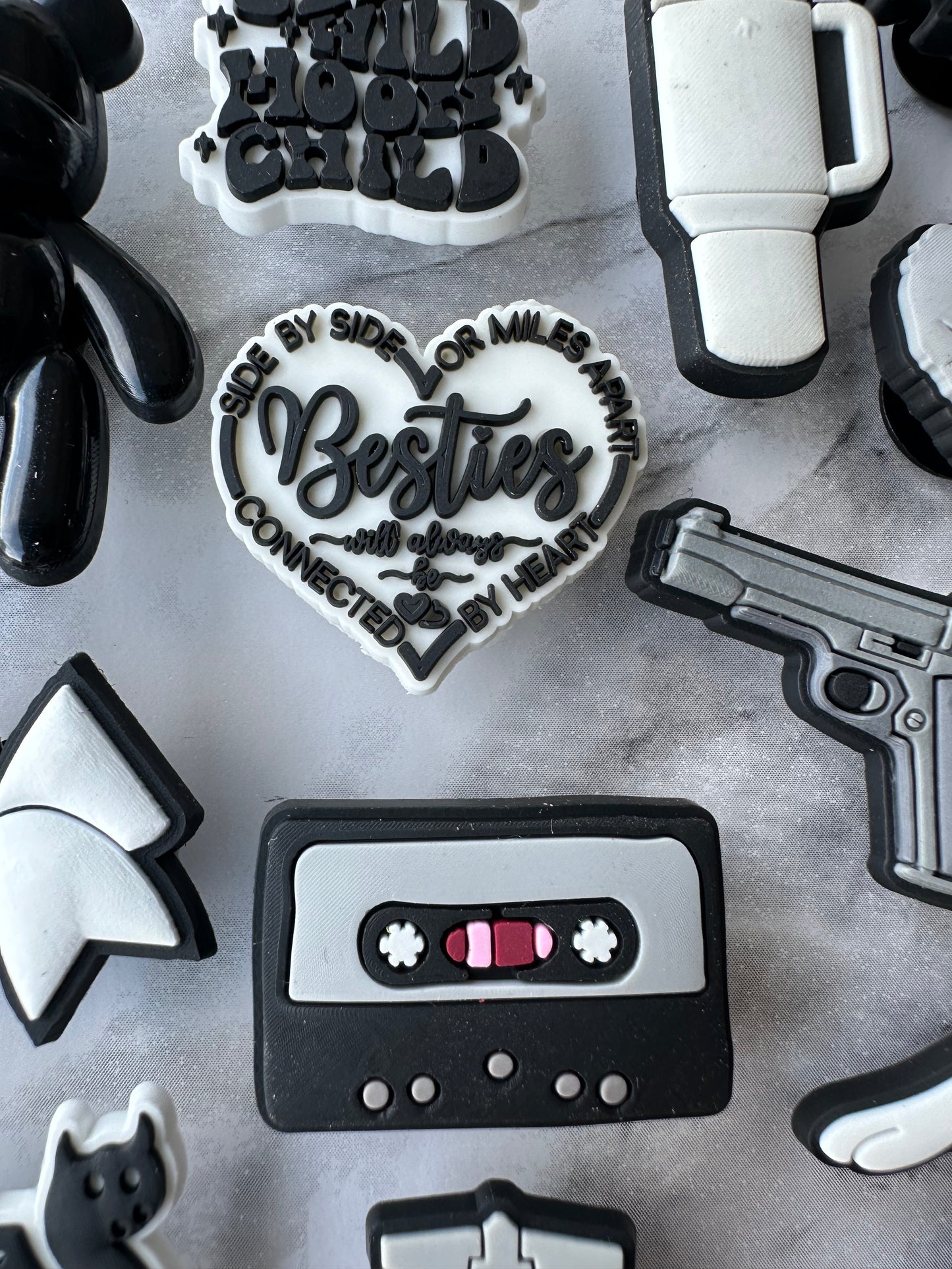 Black and white charms for Crocs, Croc compatible shoe charms, Heart charm, Bow charm