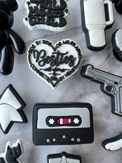 Black and white charms for Crocs, Croc compatible shoe charms, Heart charm, Bow charm