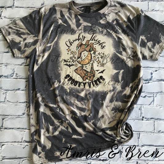 Thick Thighs Spooky Vibes Shirt, Unisex Halloween Shirt, Women&#39;s bleach tee&#39;s, Bleached tie dye shirt, trending shirts for women