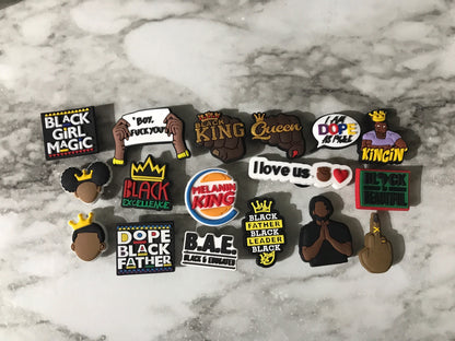 New trending black king & black queen shoe charms for your crocs, popular BGM charms, black excellence, melanin king, dope black father