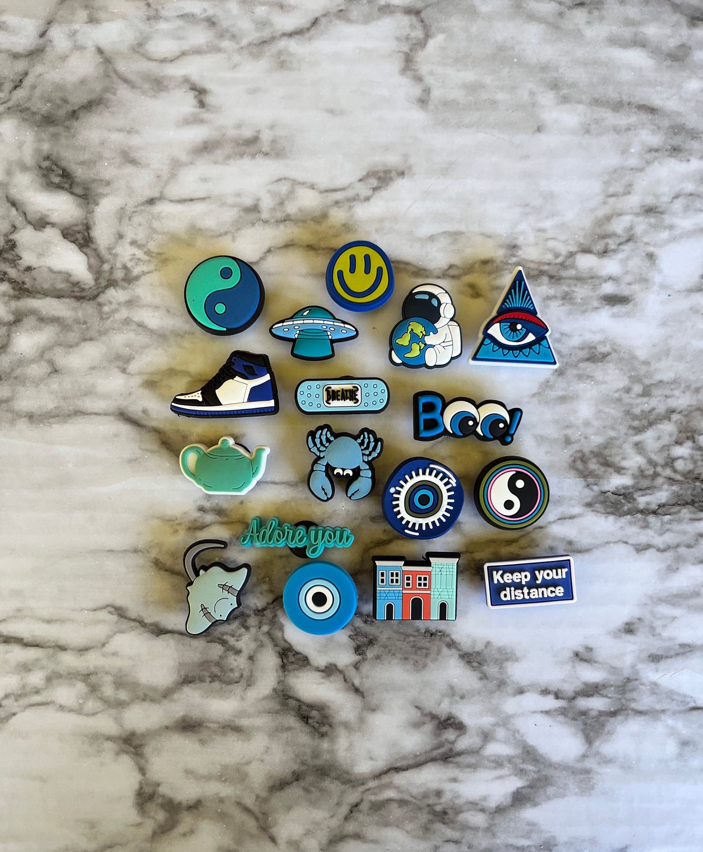 Blue shoe charms, blue themed charms for crocs, smiley face charms
