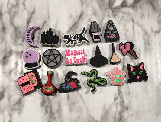 witch themed croc compatible shoe charms, trending magic clog charms, cute witch charms for crocs, moon water charms, moon charms, gems