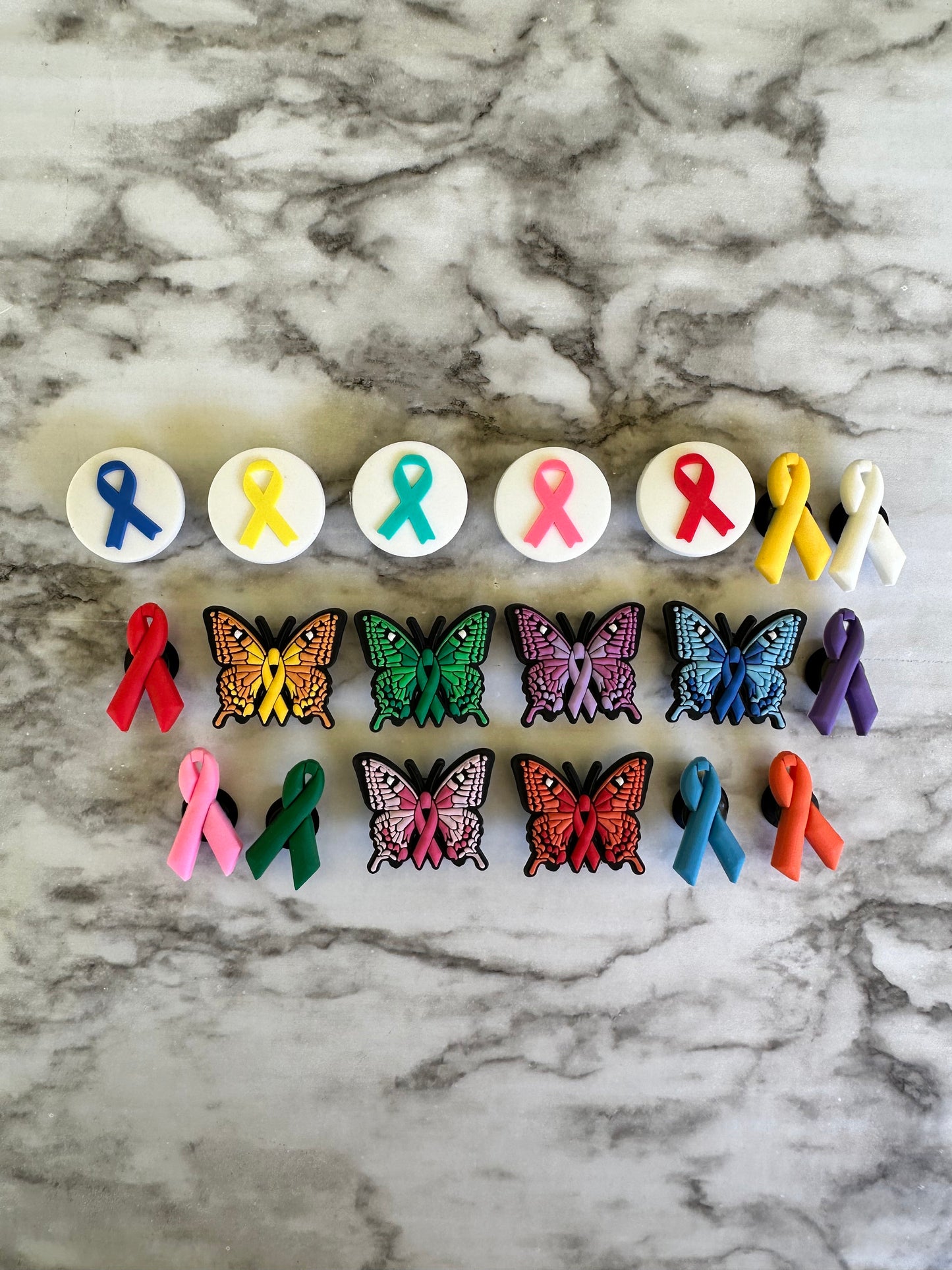 New awareness ribbon for your crocs, croc compatible awareness ribbons, pink ribbon, orange ribbon, green ribbon, purple ribbon, yellow