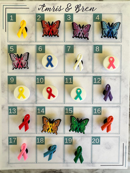 New awareness ribbon for your crocs, croc compatible awareness ribbons, pink ribbon, orange ribbon, green ribbon, purple ribbon, yellow