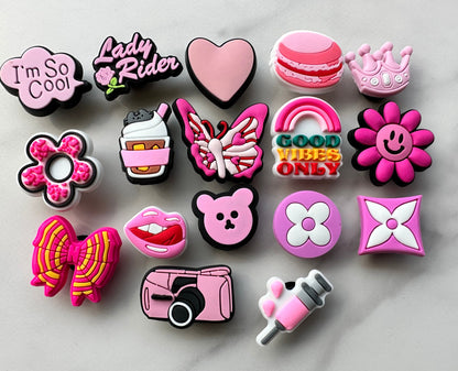 New trending Pink and white croc compatible shoe charms, clog charms, good vibes only, shoe decoration, plastic shoe charms for crocs