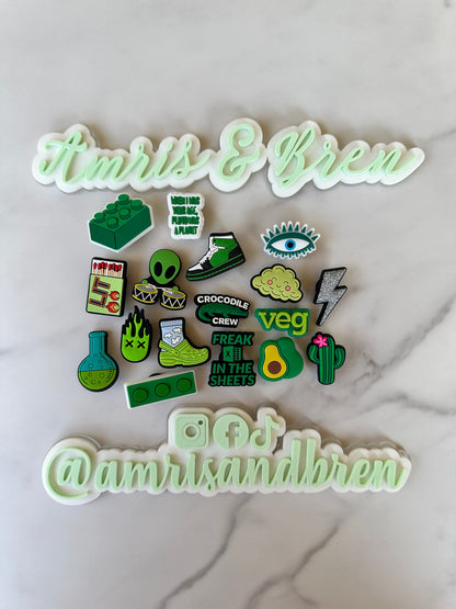 New trending green shoe charms for Crocs, croc compatible shoe jewelry, popular clog compatible shoe charms for shoes with holes