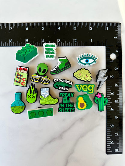 New trending green shoe charms for Crocs, croc compatible shoe jewelry, popular clog compatible shoe charms for shoes with holes