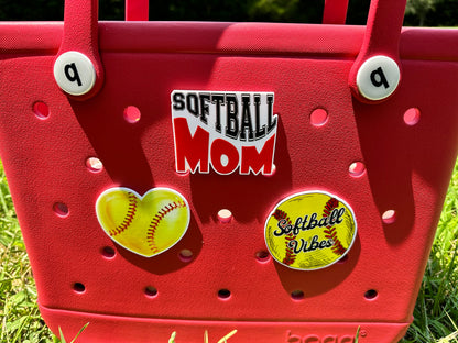 softball mom themed charms for Bogg Bags, softball vibes Bogg compatible purse charms, purse charms for Bogg bag , hard acrylic purse charm