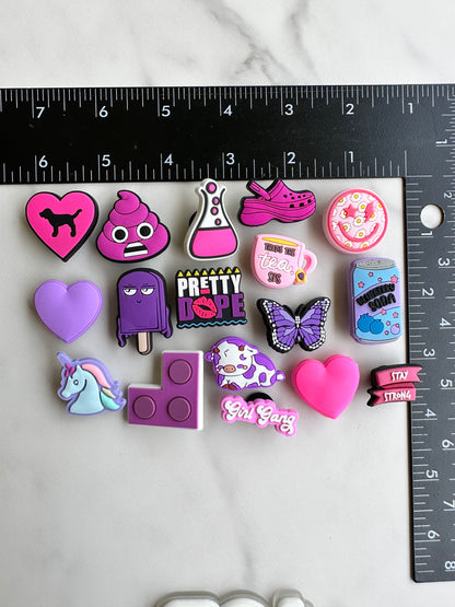 New trending Pink and purple croc compatible shoe charms, clog charms, pink heart charm, shoe decoration, plastic shoe charms for crocs