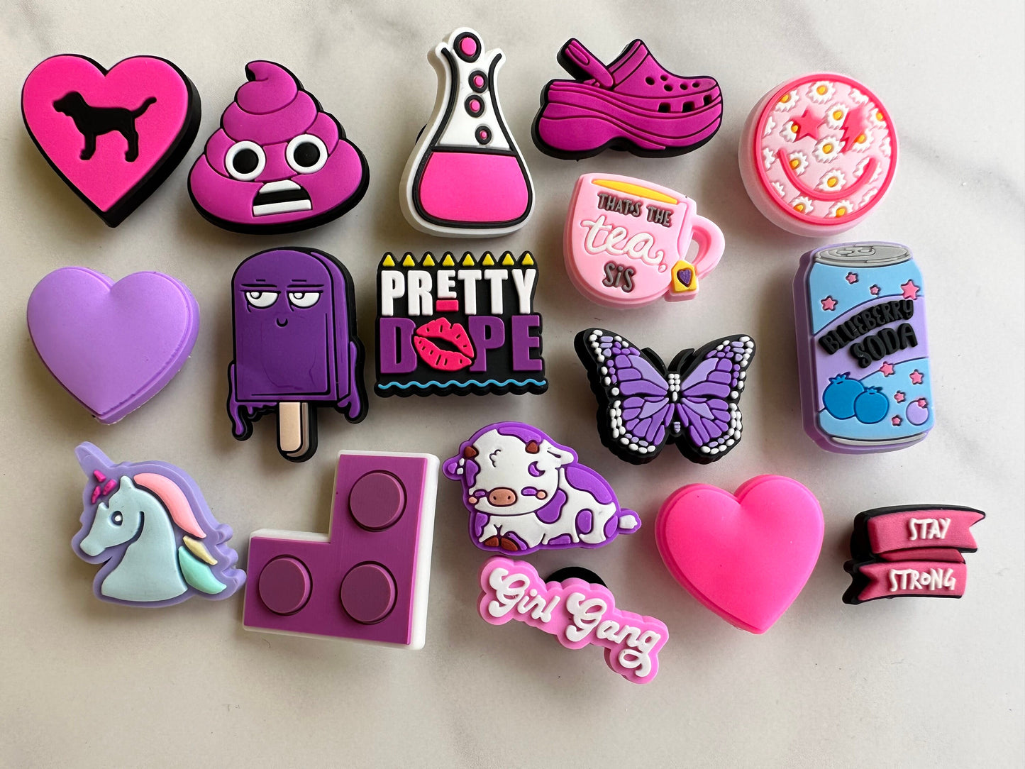 New trending Pink and purple croc compatible shoe charms, clog charms, pink heart charm, shoe decoration, plastic shoe charms for crocs