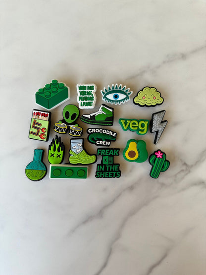 New trending green shoe charms for Crocs, croc compatible shoe jewelry, popular clog compatible shoe charms for shoes with holes
