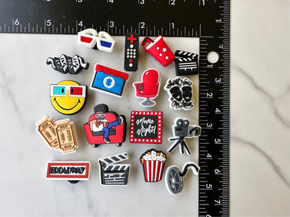 New trending movie theater charms for crocs, popular movie night shoe charms, theater themed Croc compatible charms