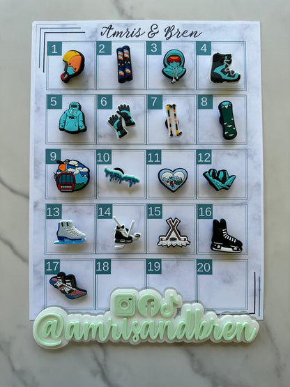 new winter sports themed shoe charms for your crocs, croc compatible snowboarding charms, skiing croc compatible charms, ice skating, hockey
