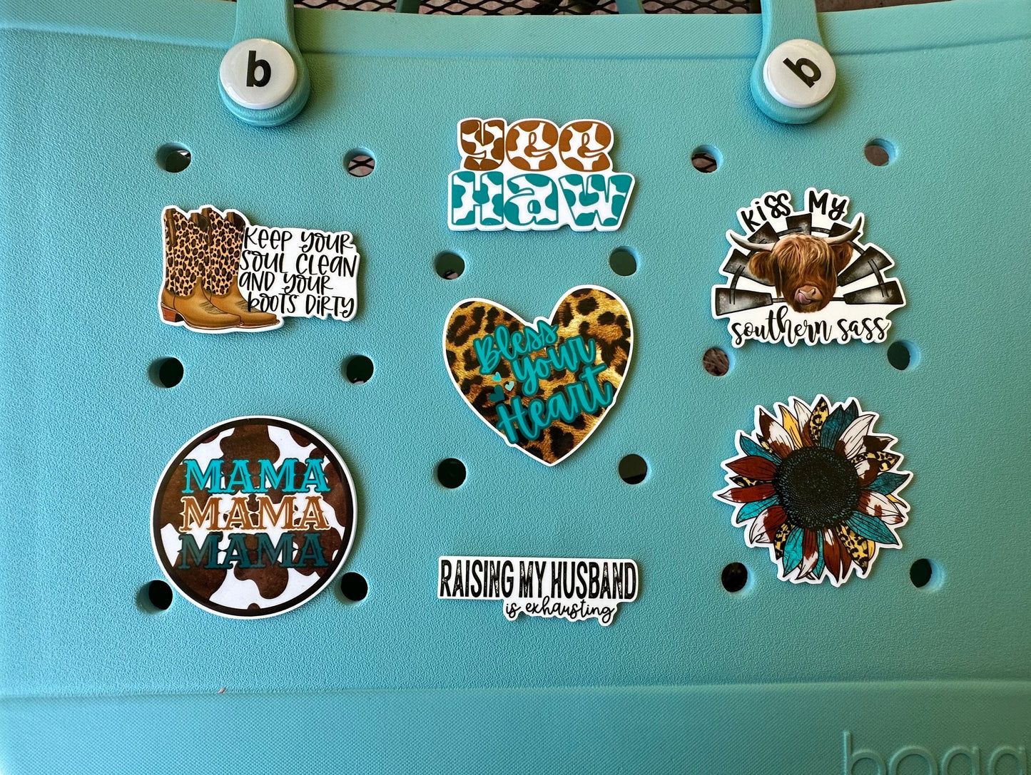 Western themed charms for Bogg bags, Bless your heart bogg compatible charms, yeehaw bit for Boggs, cowprint charms, sunflower
