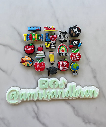 croc compatible shoe charms for teachers, popular clog compatible charms, charms for your crocs, teacher charms for shoes, trending charm