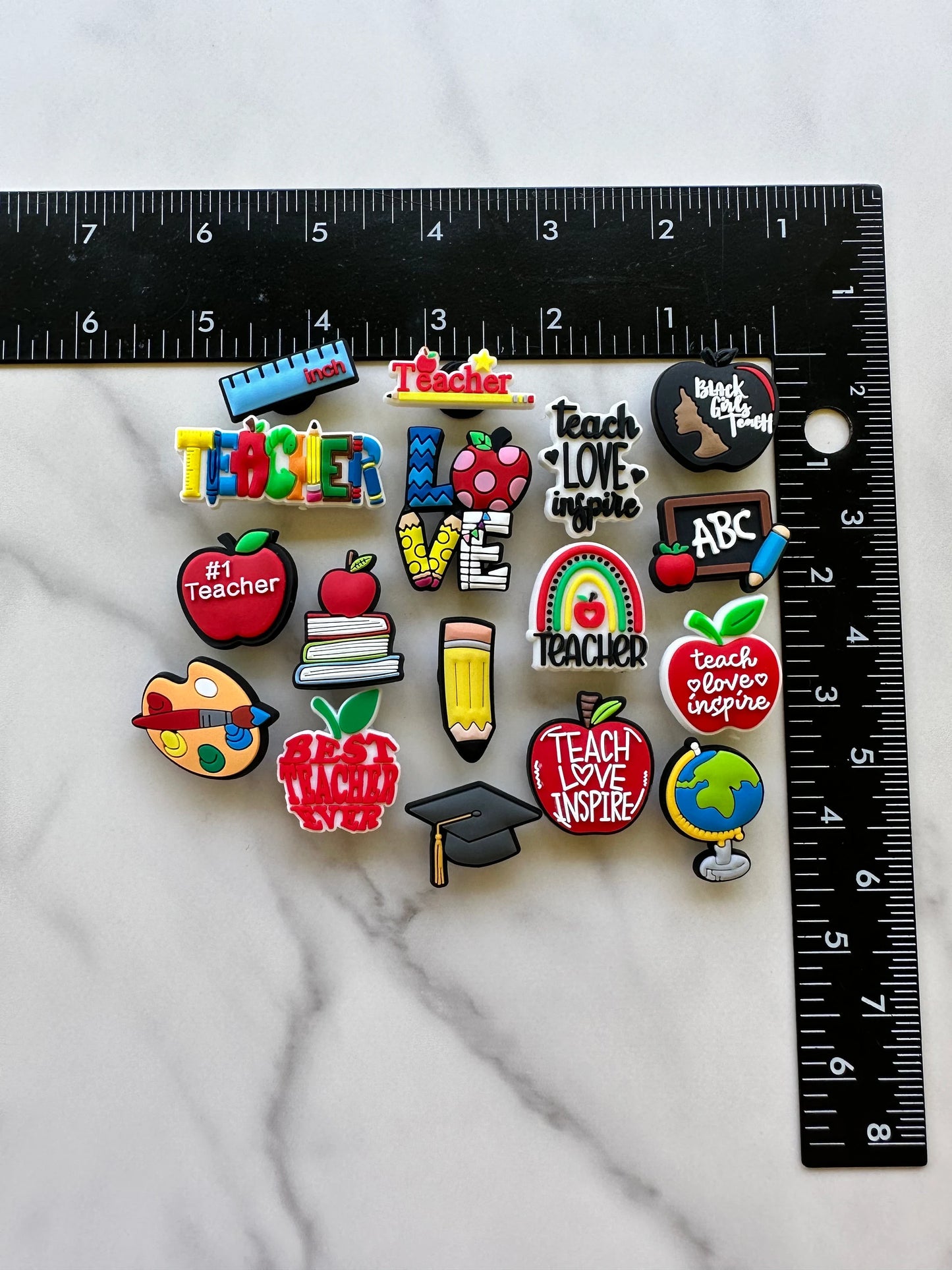 croc compatible shoe charms for teachers, popular clog compatible charms, charms for your crocs, teacher charms for shoes, trending charm