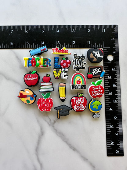 croc compatible shoe charms for teachers, popular clog compatible charms, charms for your crocs, teacher charms for shoes, trending charm