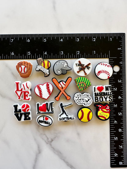 Baseball themed shoe charms, SOFTBALL croc compatible shoe charms, baseball charms, bat charms, popular baseball clog charms
