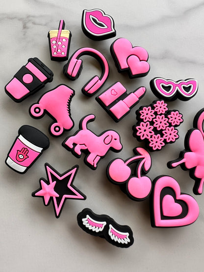 hot pink and black charms for your crocs, croc compatible black and pink shoe charms, trending shoe charms, butterfly, fist