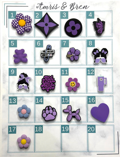 Purple shoe charms, cute trending purple shoe charms for Crocs, Purple and black Croc compatible charms
