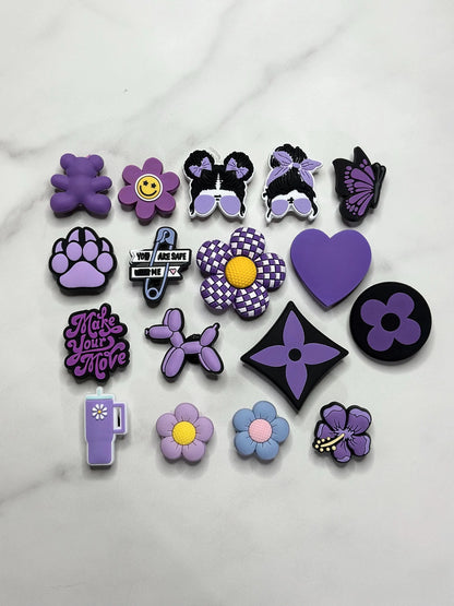 Purple shoe charms, cute trending purple shoe charms for Crocs, Purple and black Croc compatible charms